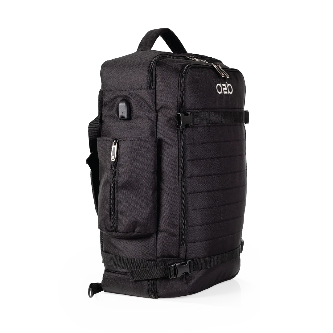 Black backpack with multiple straps and zippers on a white background