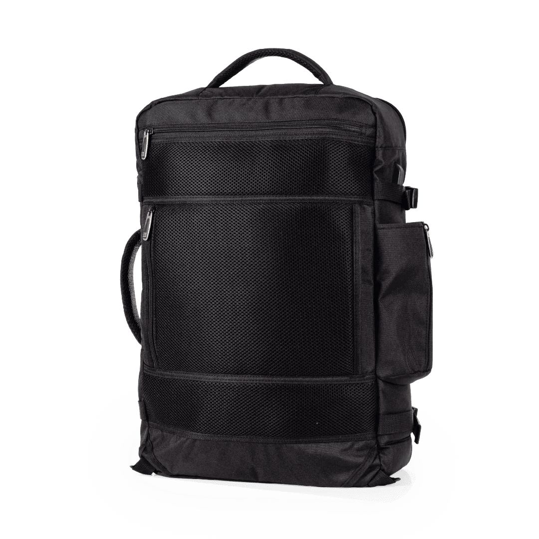 Black travel backpack on a white background