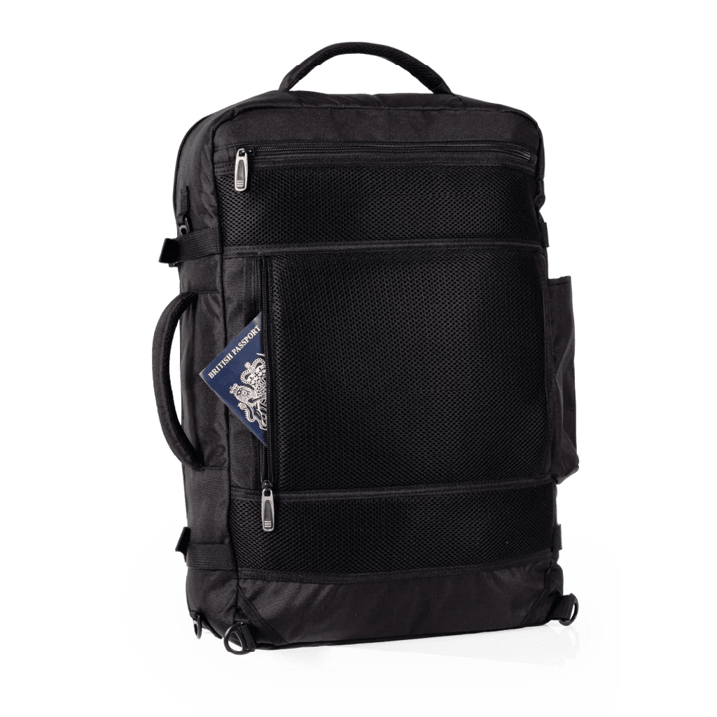 Black travel backpack with a visible brand logo on a white background