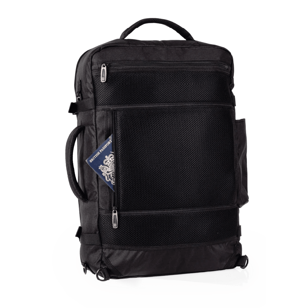 Black travel backpack with a visible brand logo on a white background