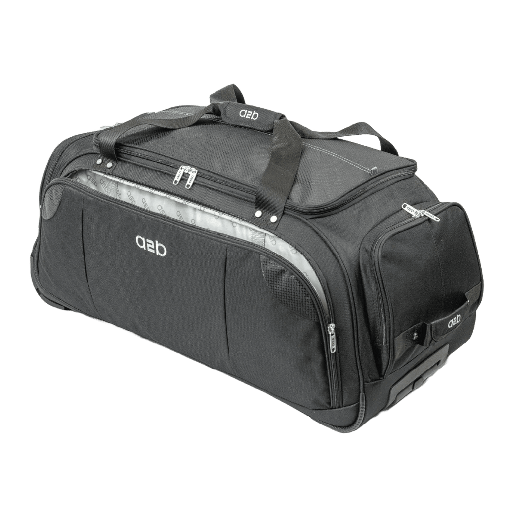 Black travel duffel bag with visible brand logo on a white background