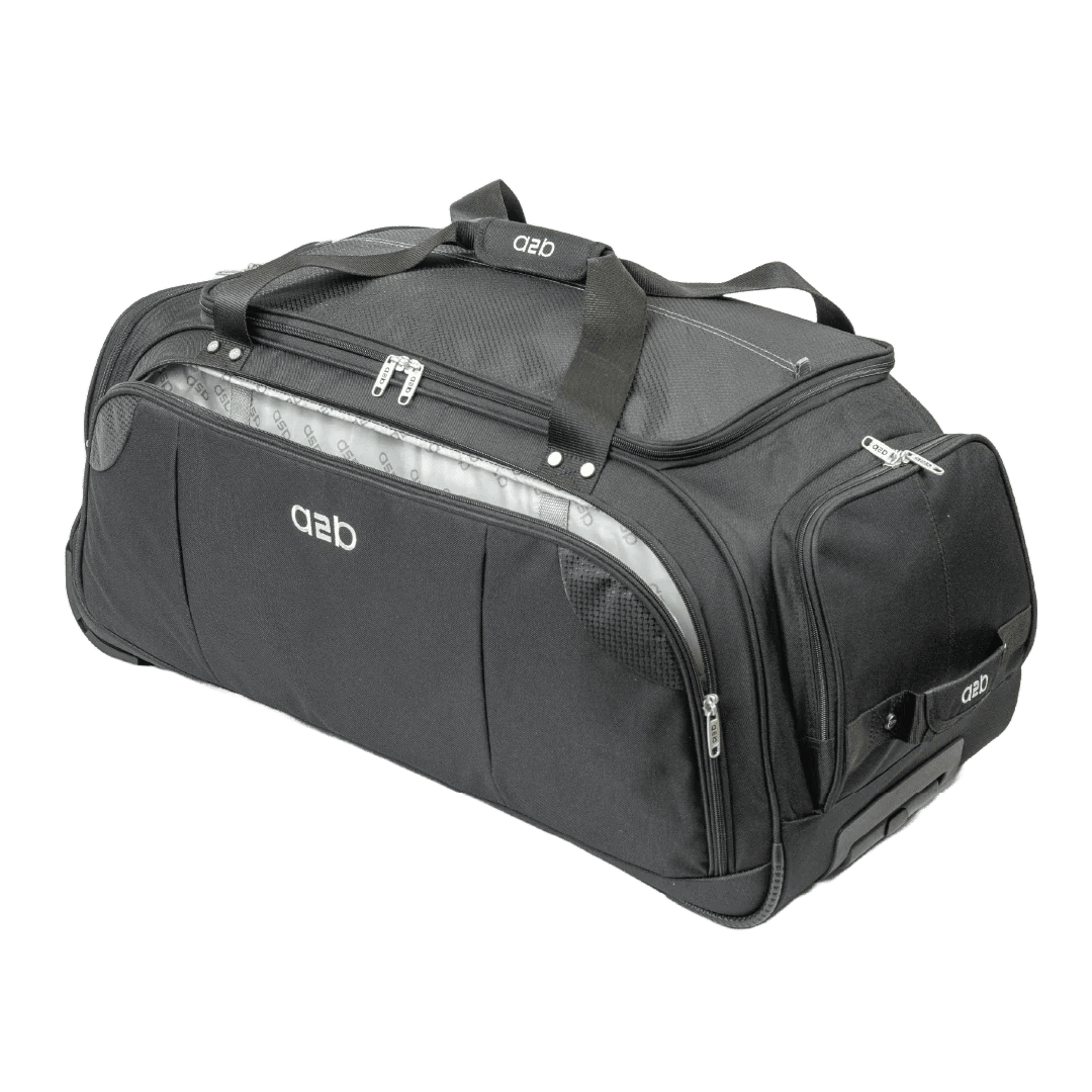 Black travel duffel bag with visible brand logo on a white background