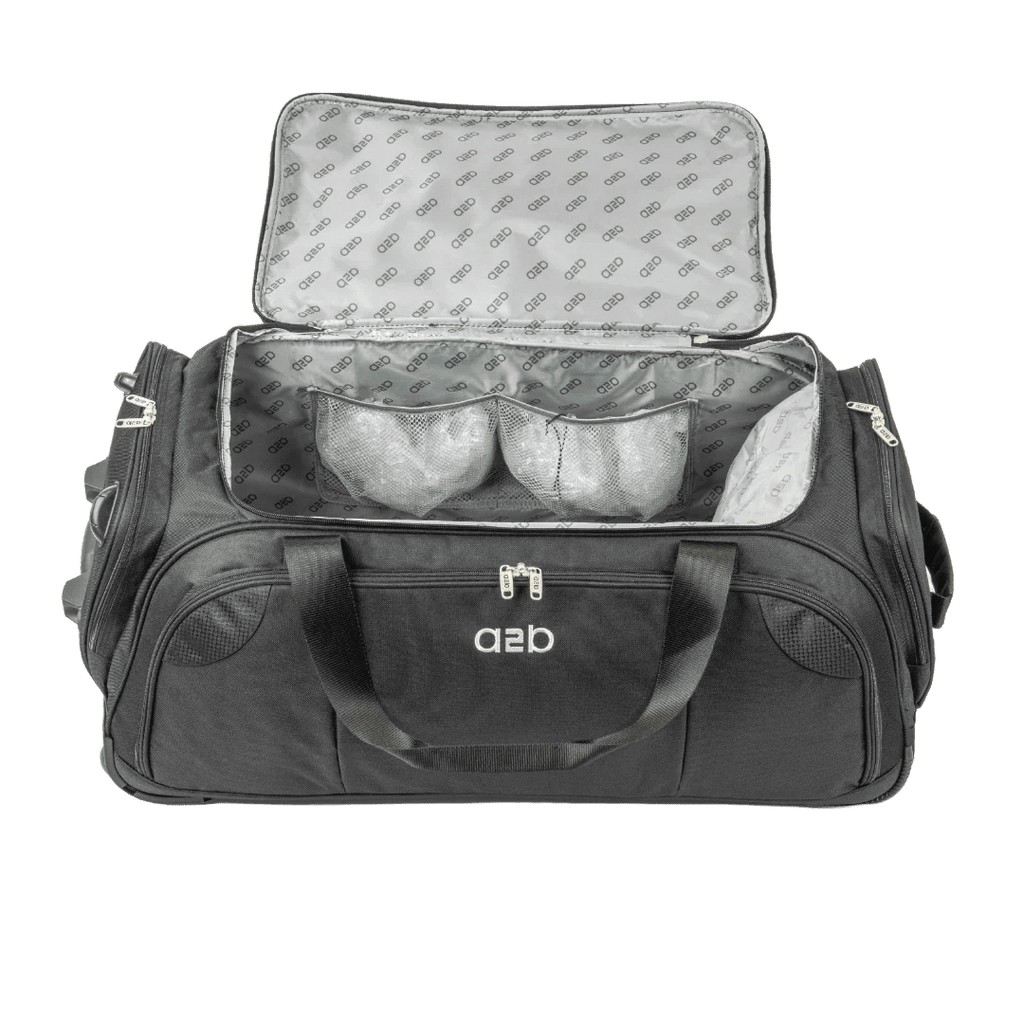 Black duffel bag with open top showing interior padding on a white background