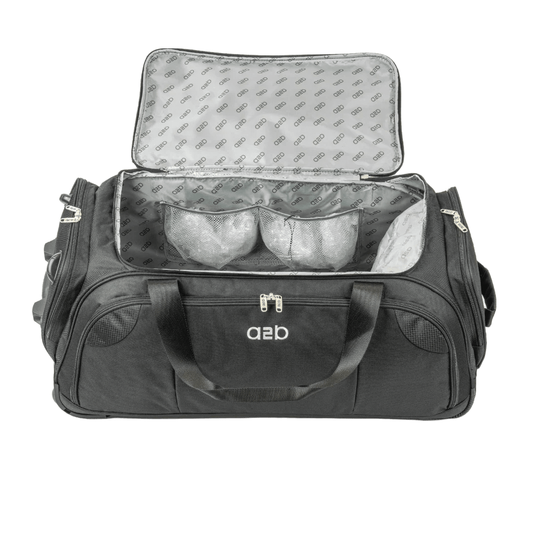 Black duffel bag with open top showing interior padding on a white background