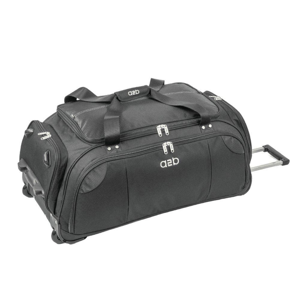 Black rolling duffel bag with branding on a white background