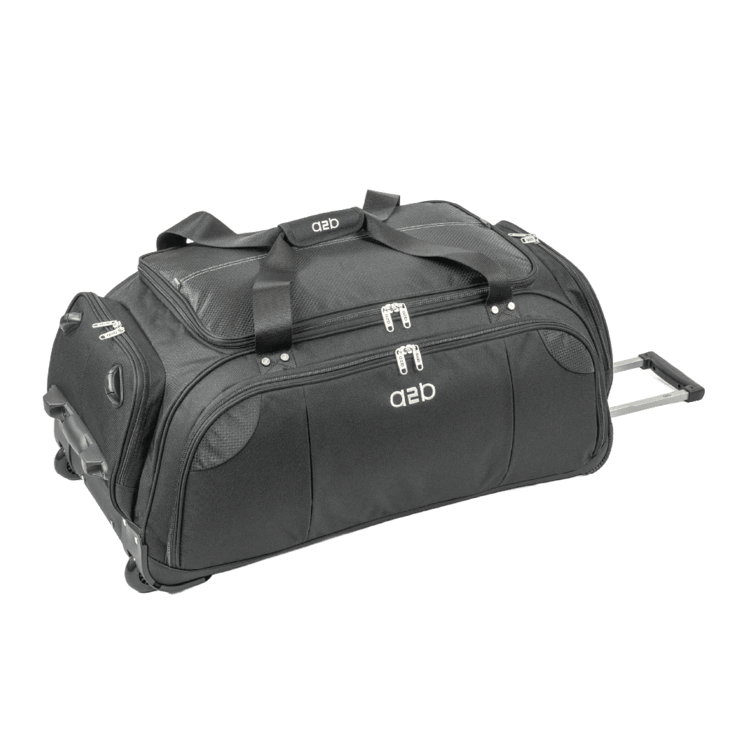 Black rolling duffel bag with branding on a white background