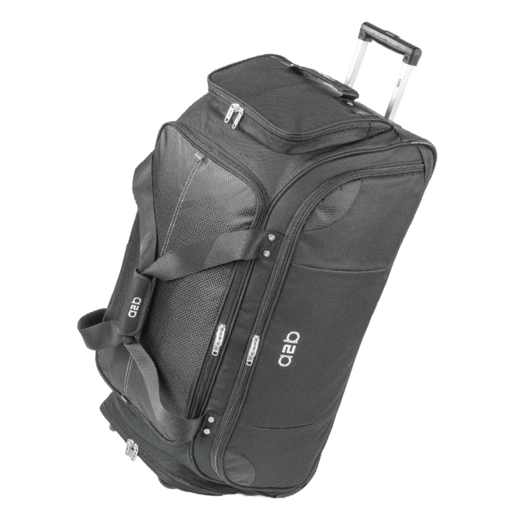 Black rolling duffel bag with branding on a white background