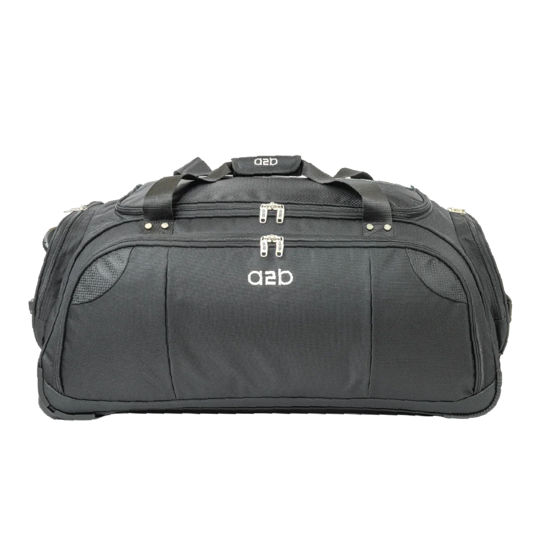 Black duffel bag with branding on a white background