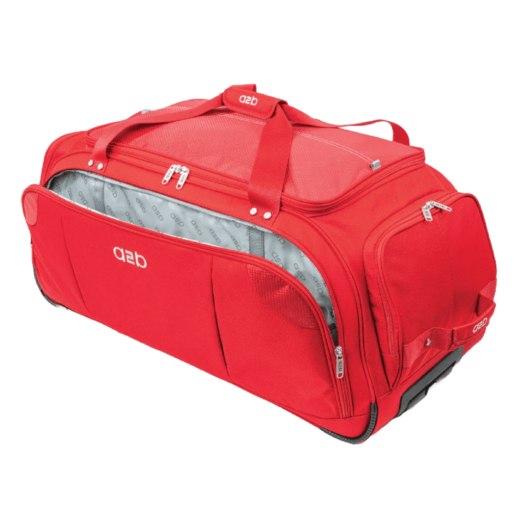 Red duffel bag with branding on a white background