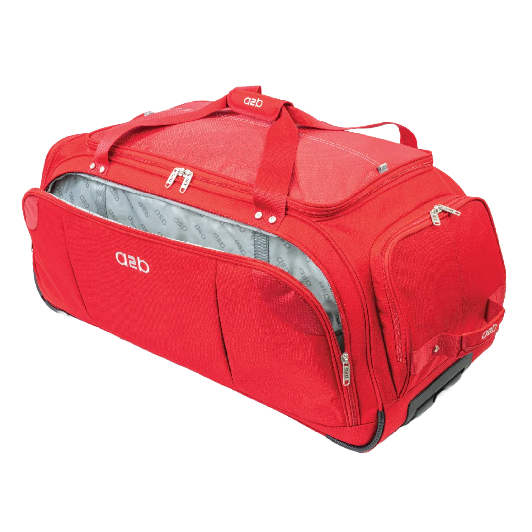 Red duffel bag with branding on a white background
