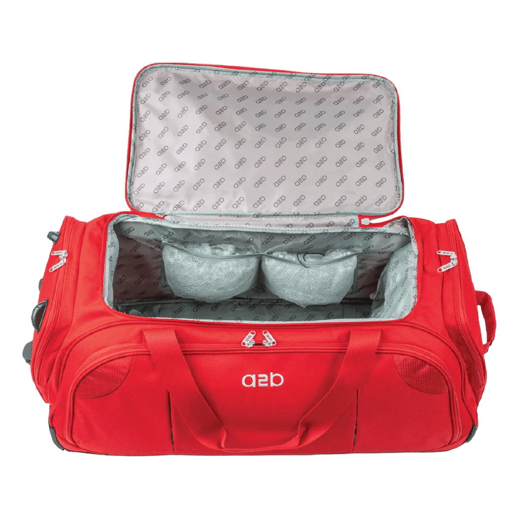 Red duffel bag with open lid showing gray interior inside, on a white background.