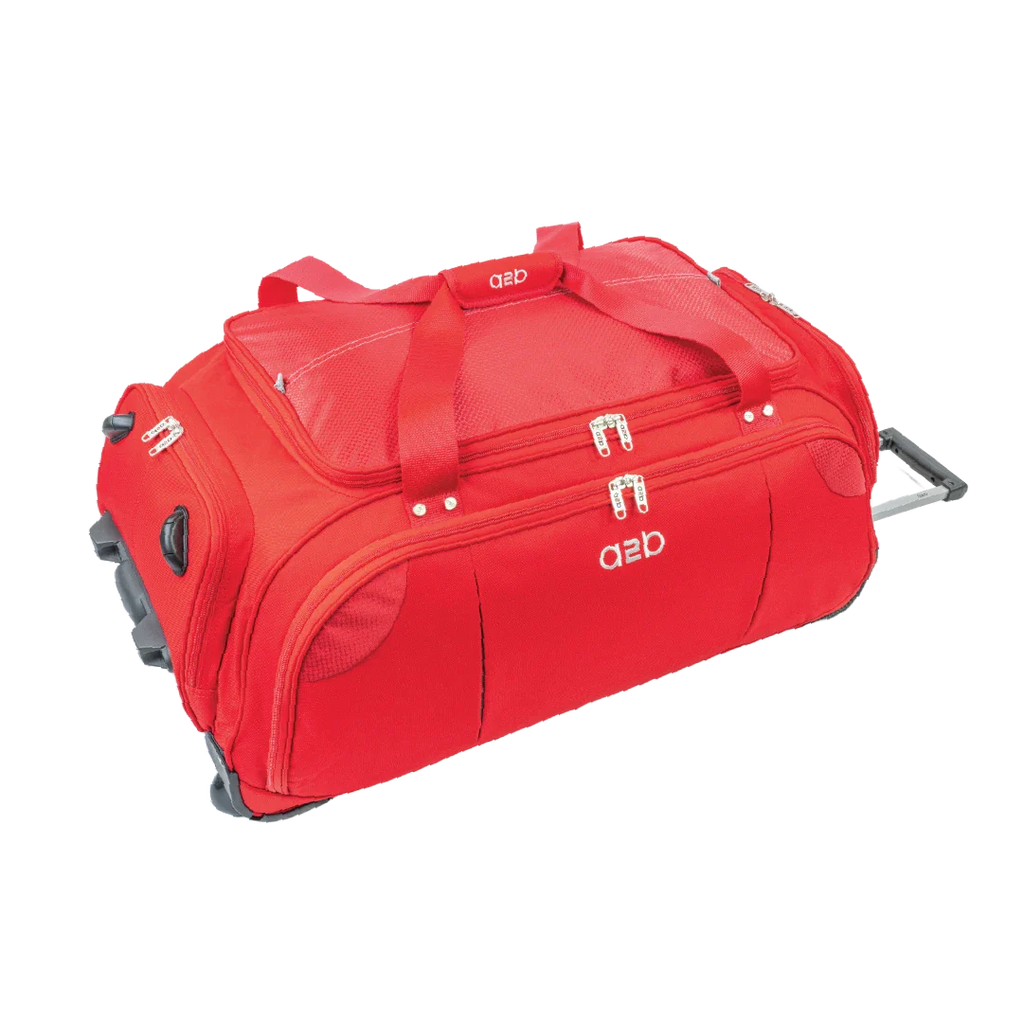 Red travel duffel bag with wheels on a white background