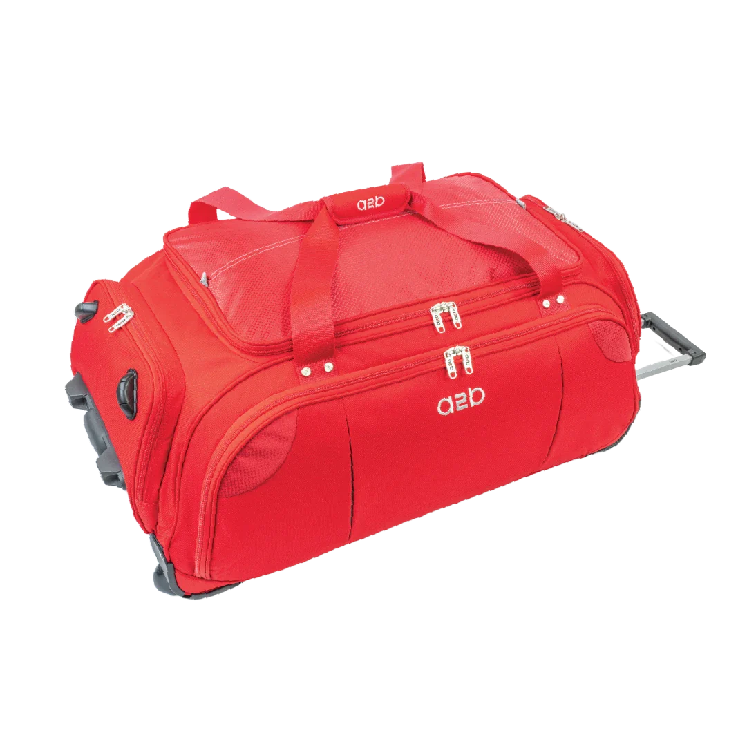 Red travel duffel bag with wheels on a white background