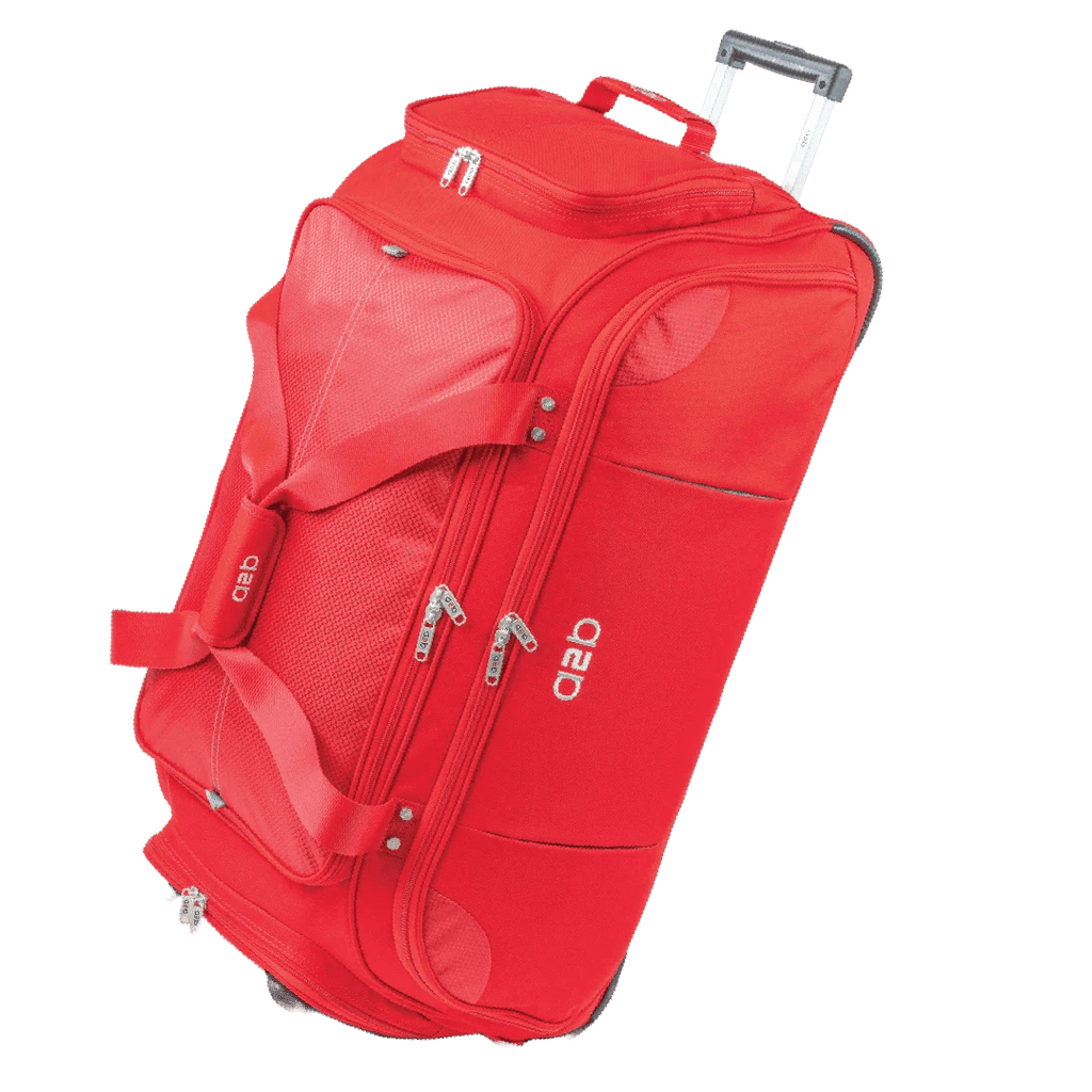 Red travel bag with visible brand logo on a white background