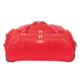 Red duffel bag with branding on a white background