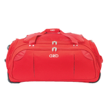 Red duffel bag with branding on a white background