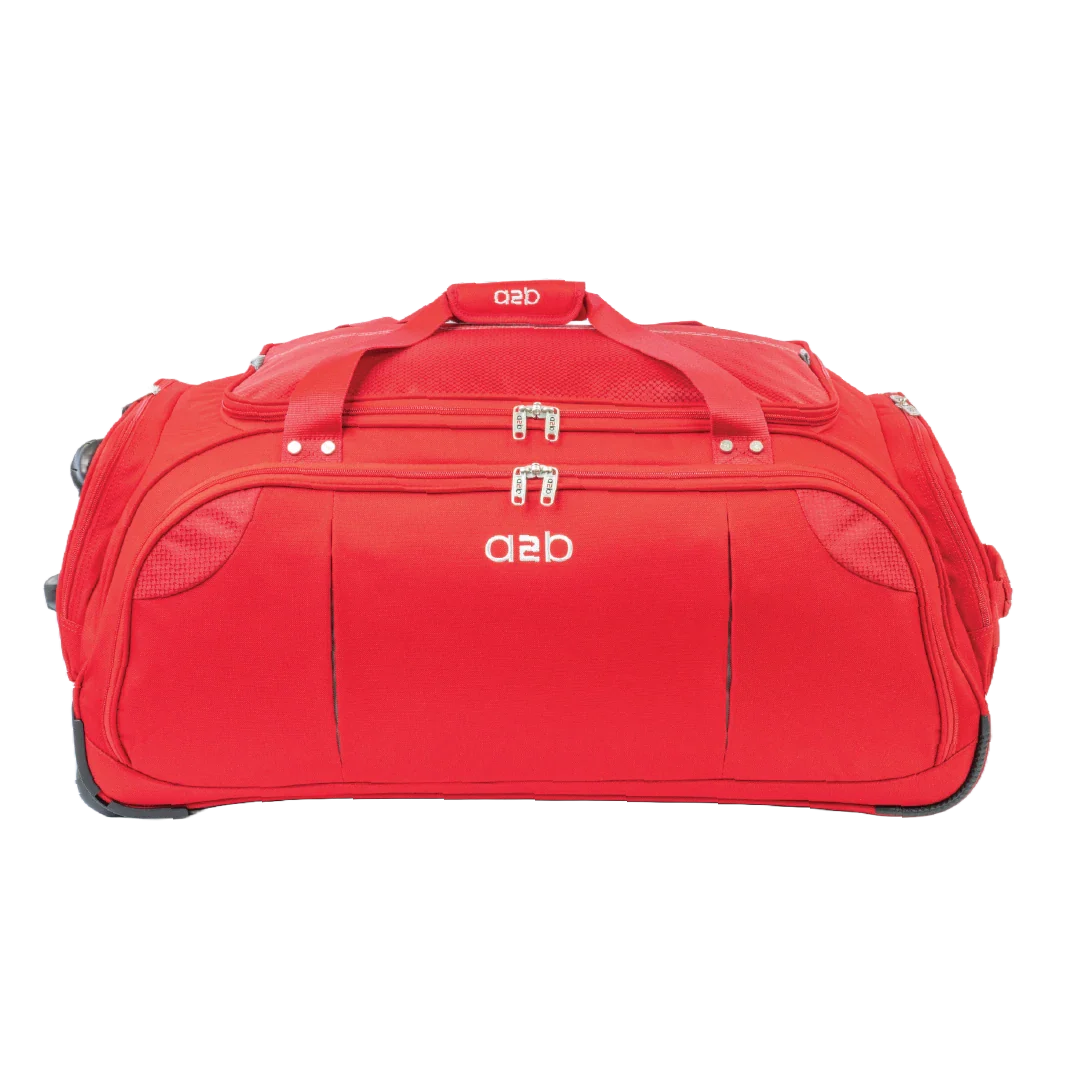 Red duffel bag with branding on a white background