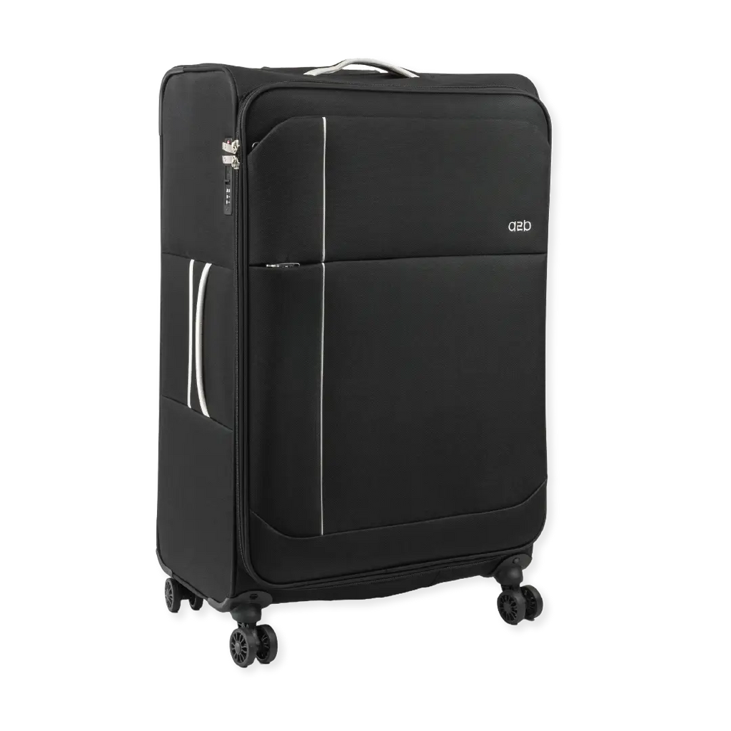 Black suitcase with wheels on a white background