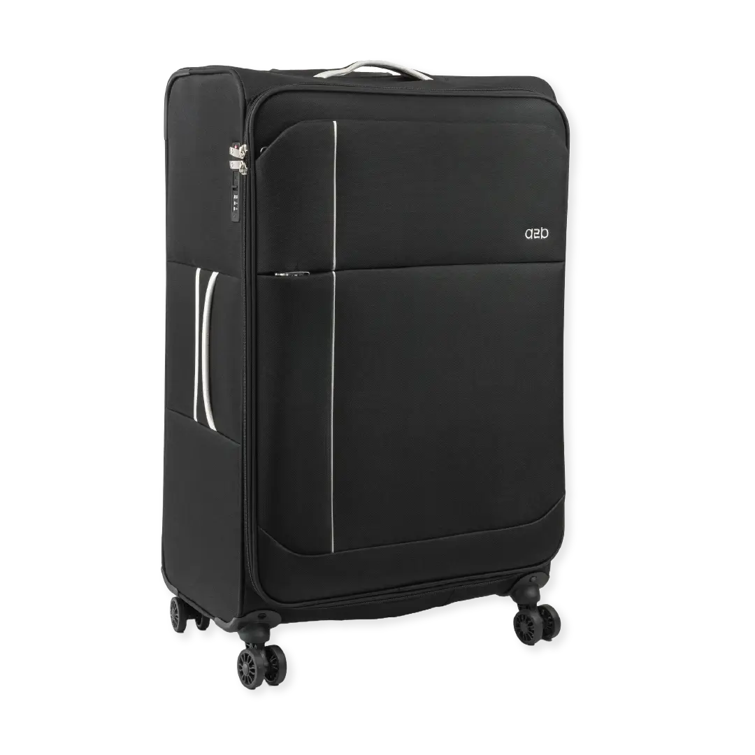 Black suitcase with wheels on a white background
