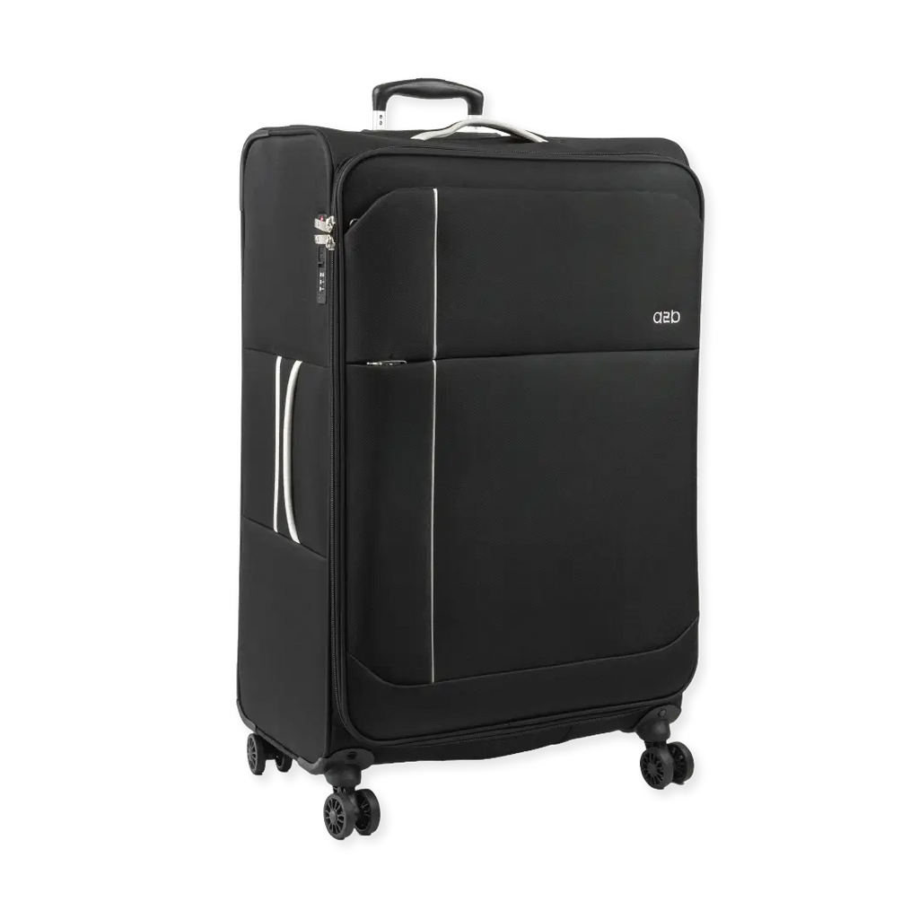 Black suitcase with wheels on a white background