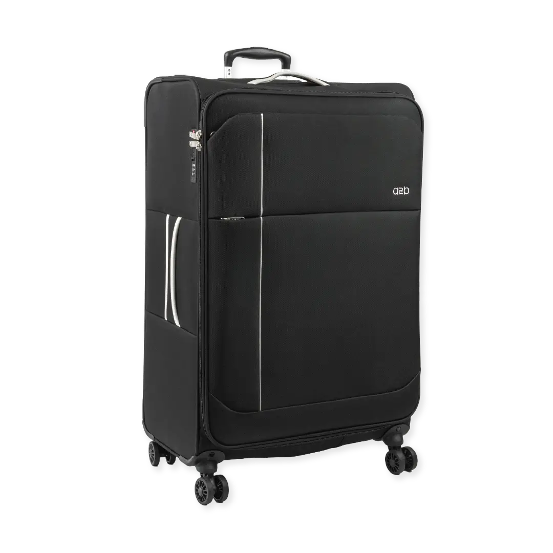 Black suitcase with wheels on a white background