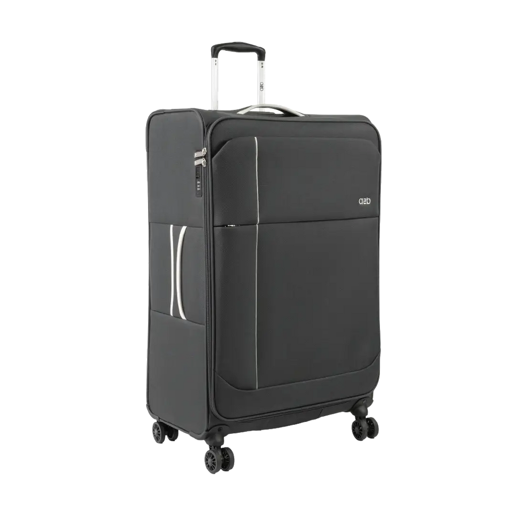 Black suitcase with wheels on a white background
