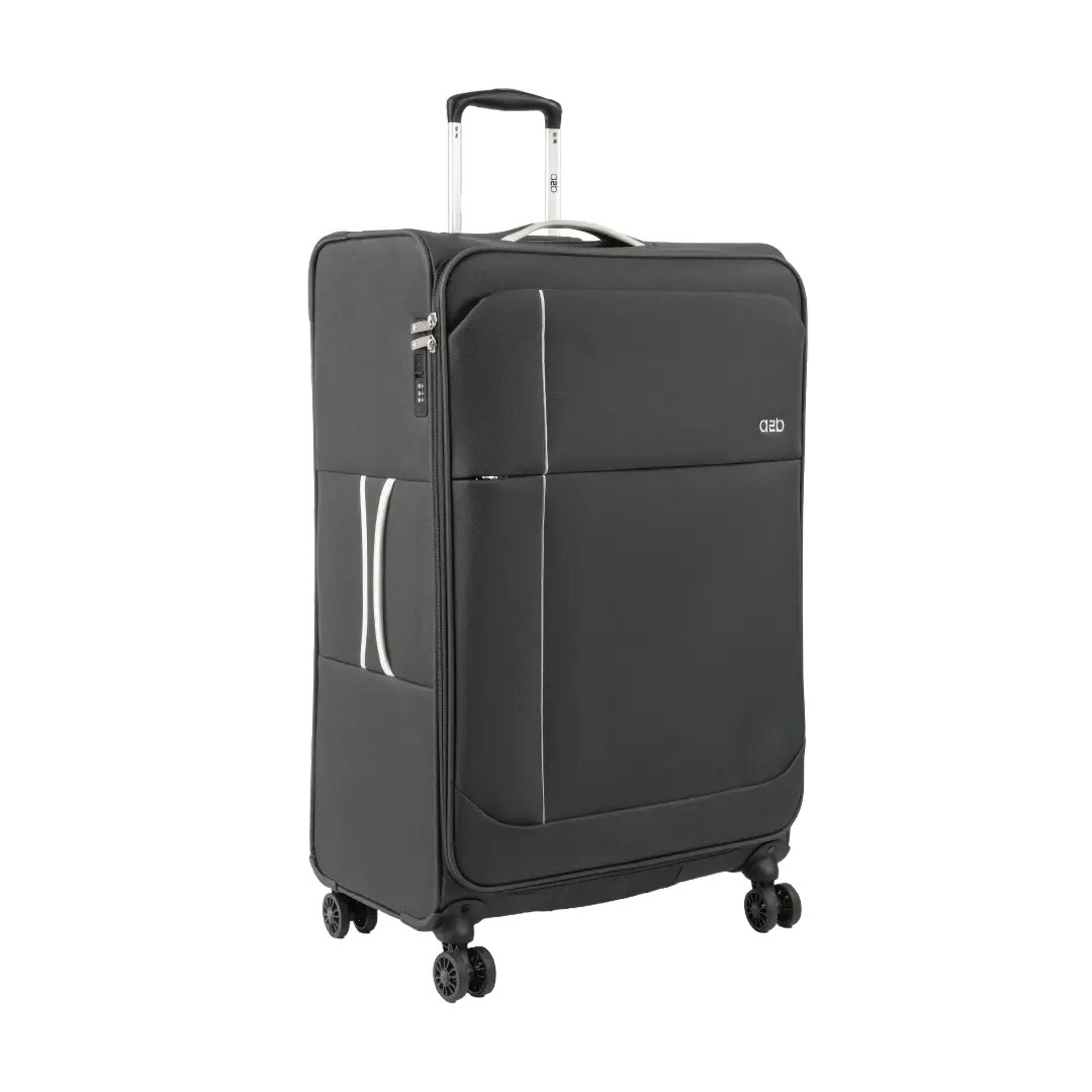 Black suitcase with wheels on a white background