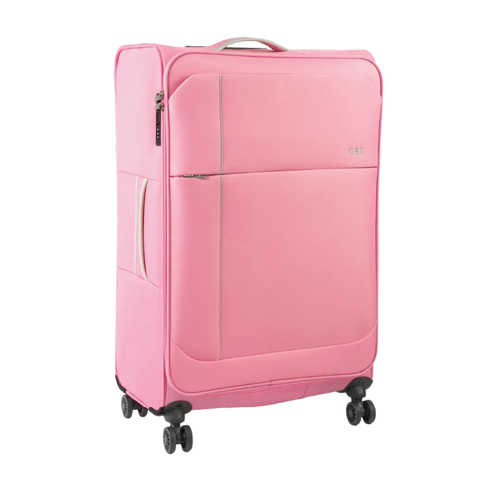 Pink suitcase with wheels on a white background