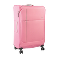 Pink suitcase with wheels on a white background