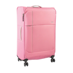 Pink suitcase with wheels on a white background