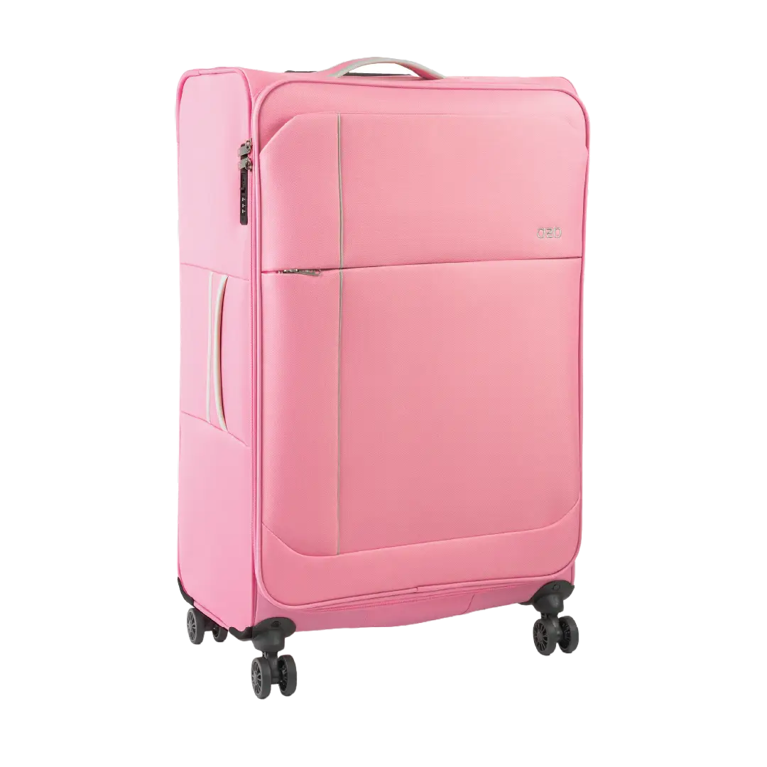 Pink suitcase with wheels on a white background