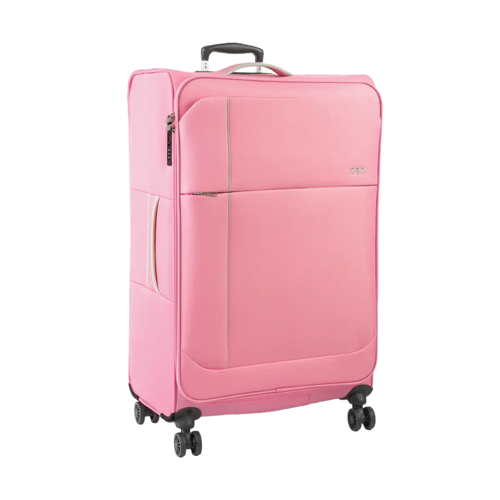 Pink suitcase with wheels on a white background