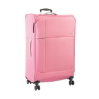 Pink suitcase with wheels on a white background