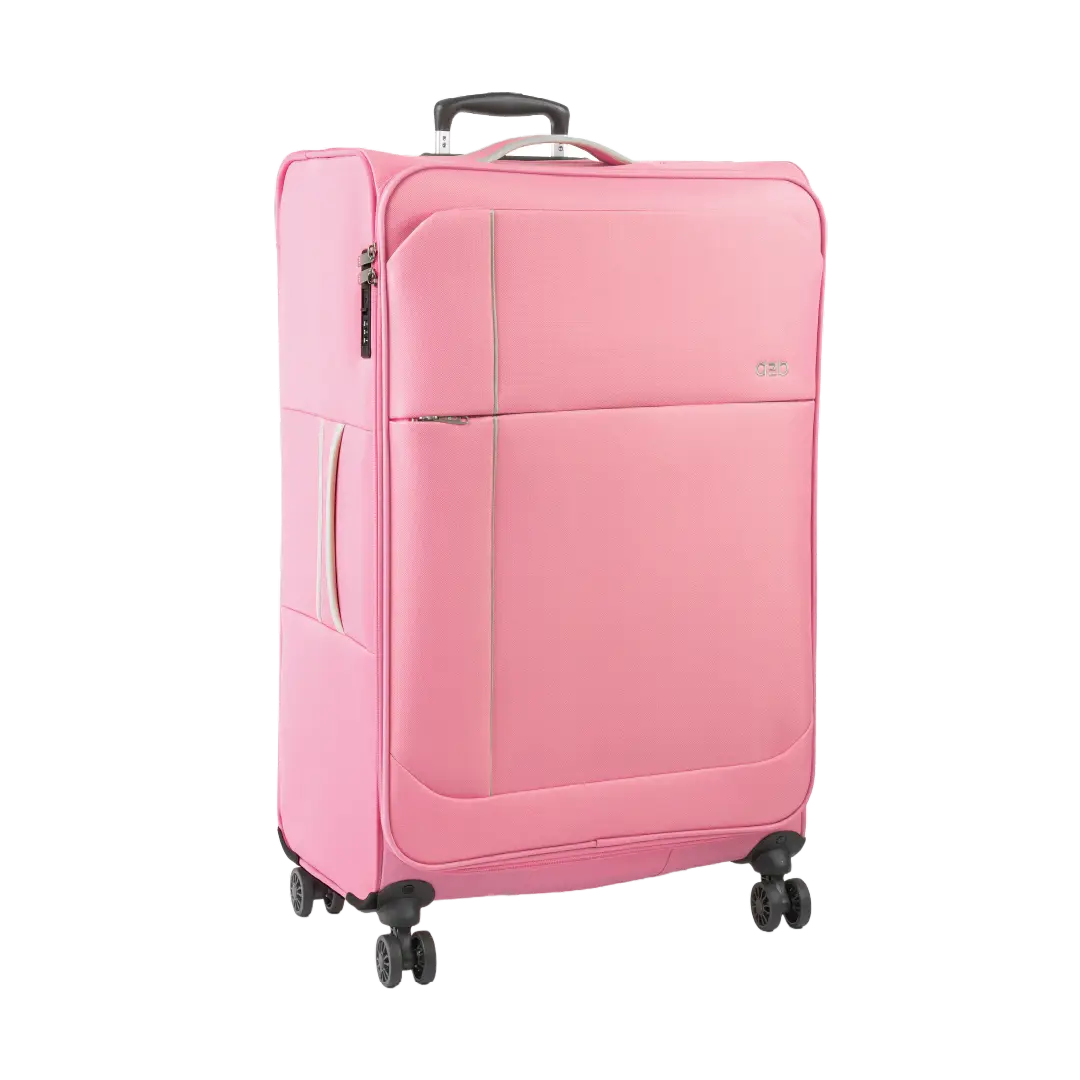 Pink suitcase with wheels on a white background