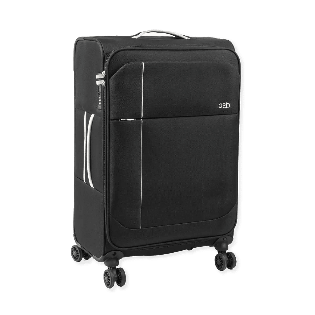 Black suitcase with wheels on a white background