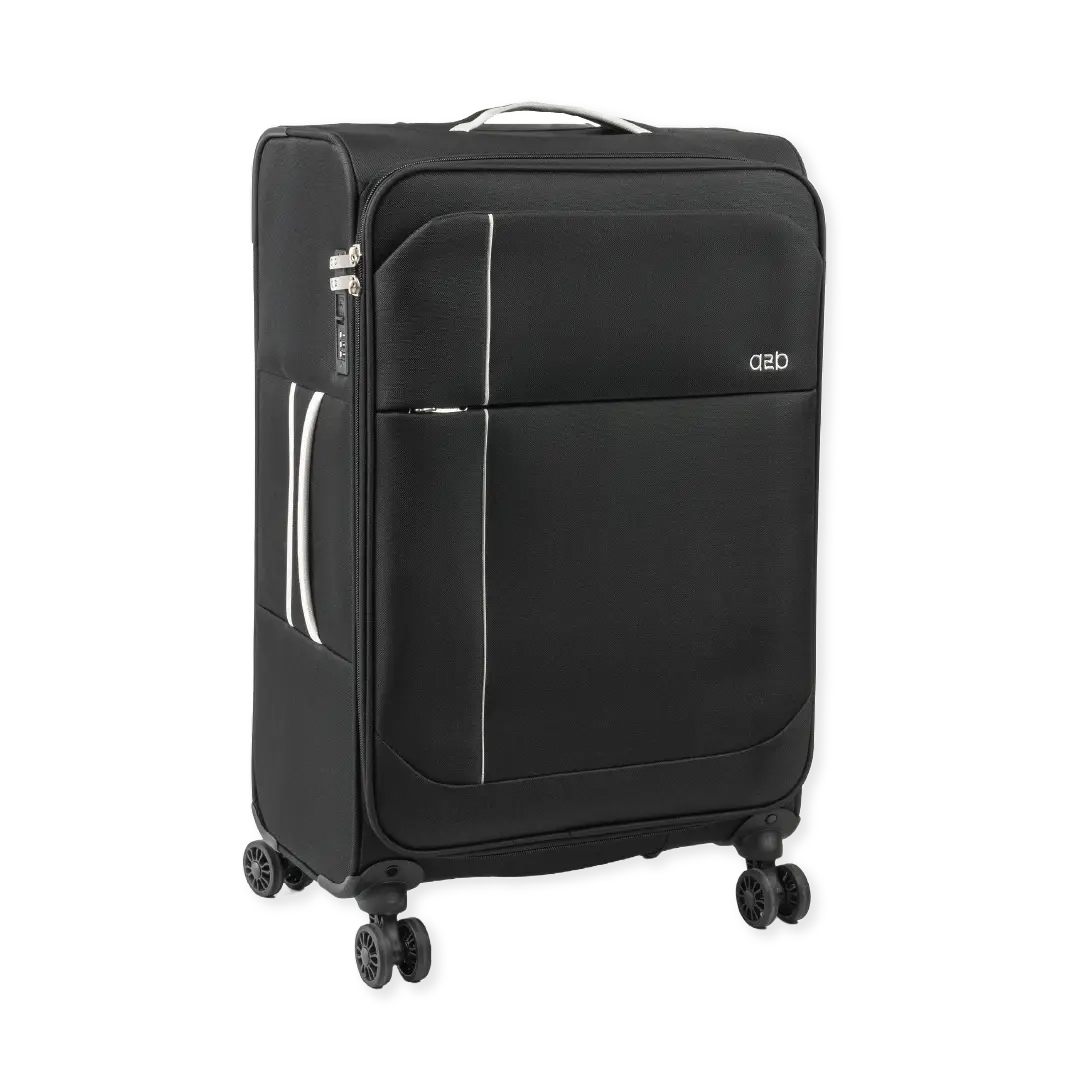 Black suitcase with wheels on a white background