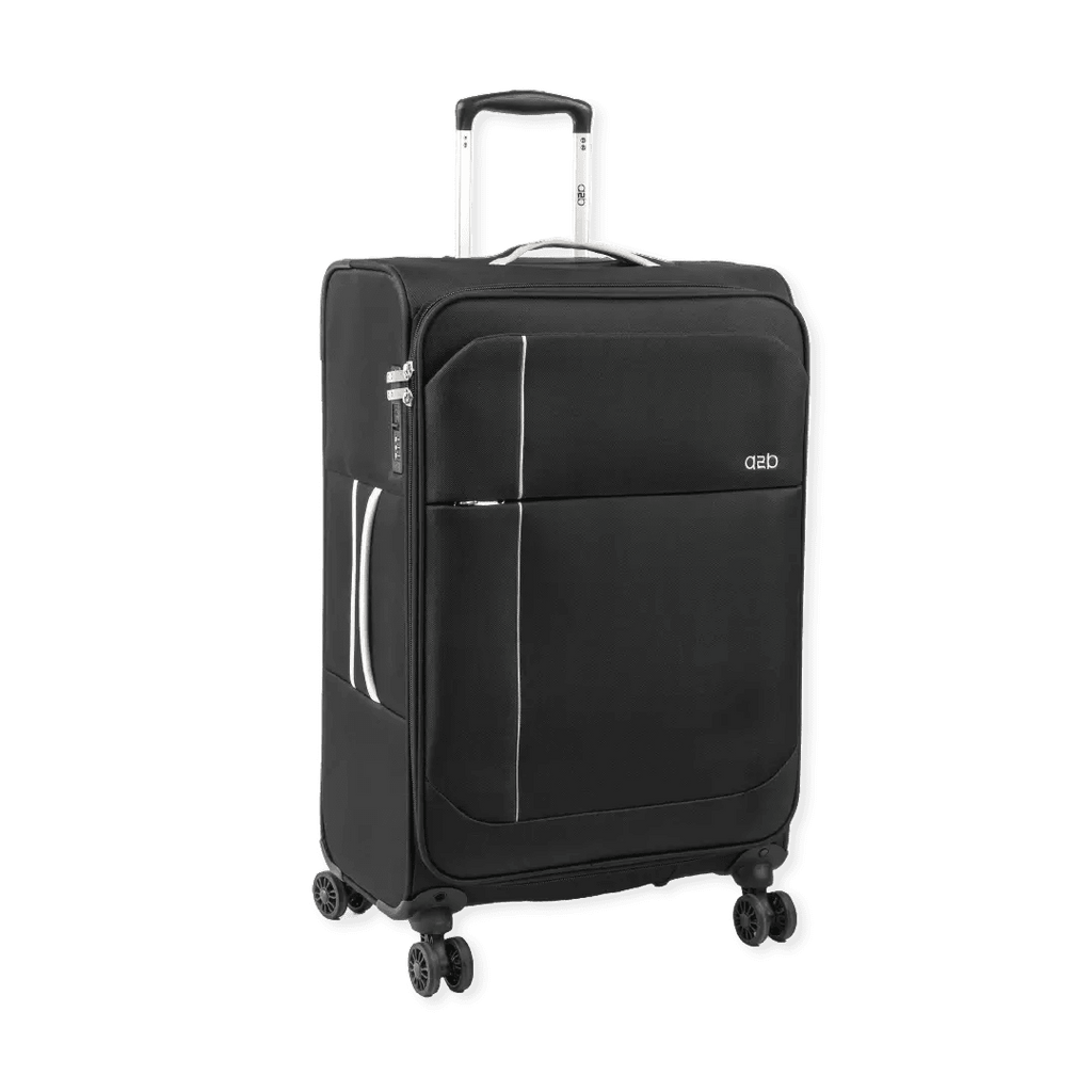 Black suitcase with wheels and handle on a white background