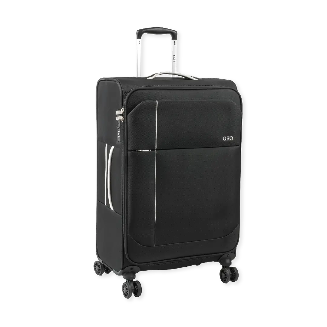 Black suitcase with wheels and handle on a white background