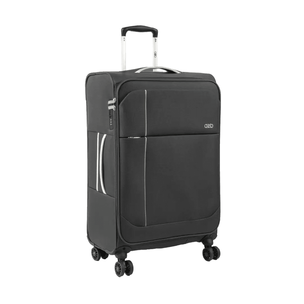 Black suitcase with wheels on a white background