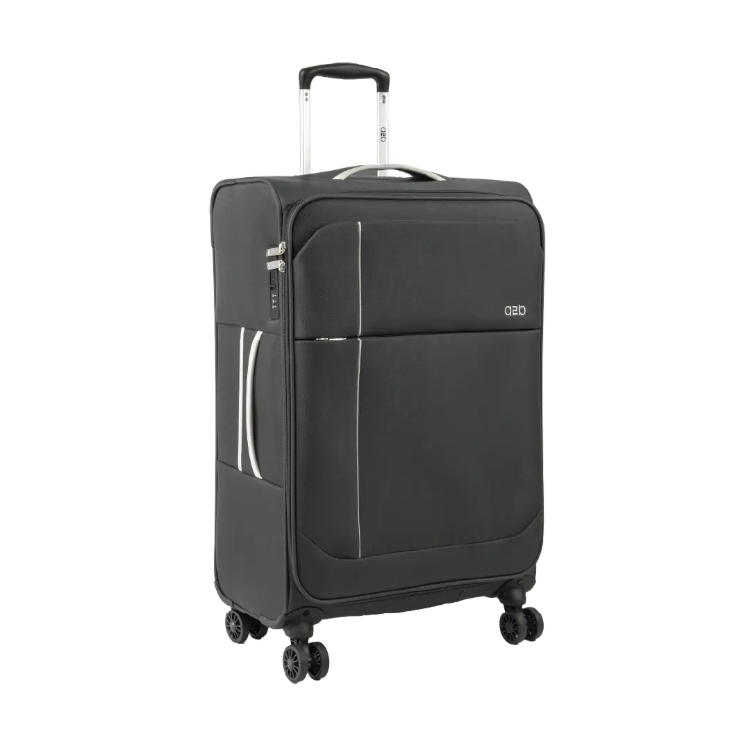 Black suitcase with wheels on a white background