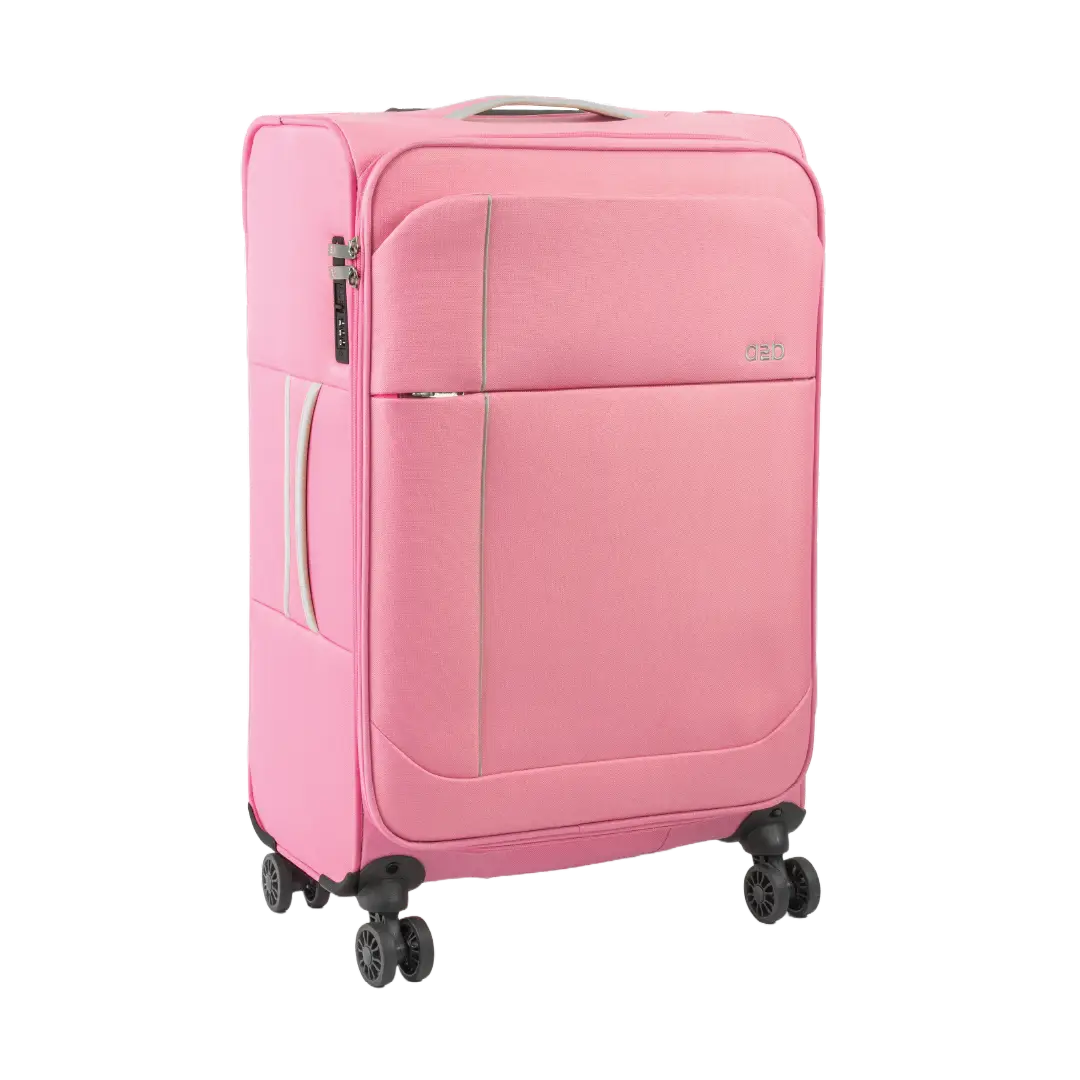 Pink suitcase with wheels on a white background