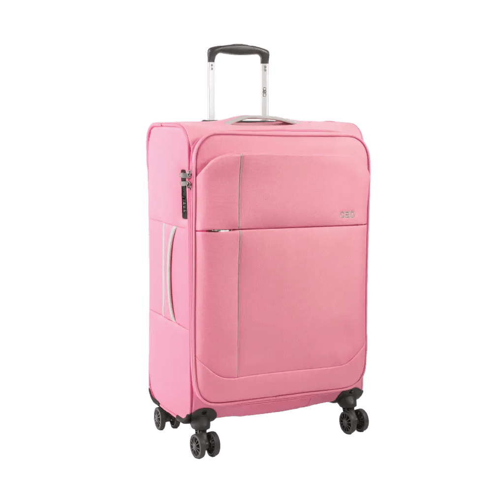 Pink suitcase with wheels on a white background