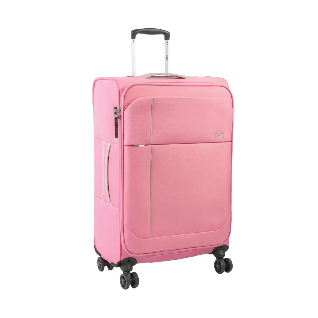 Pink suitcase with wheels on a white background