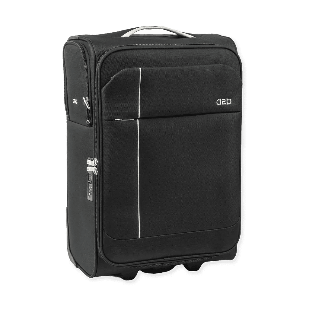 Black suitcase with visible brand logo on a white background