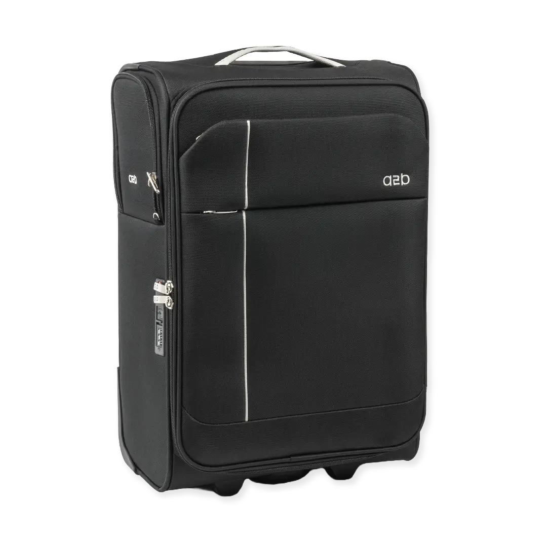 Black suitcase with visible brand logo on a white background