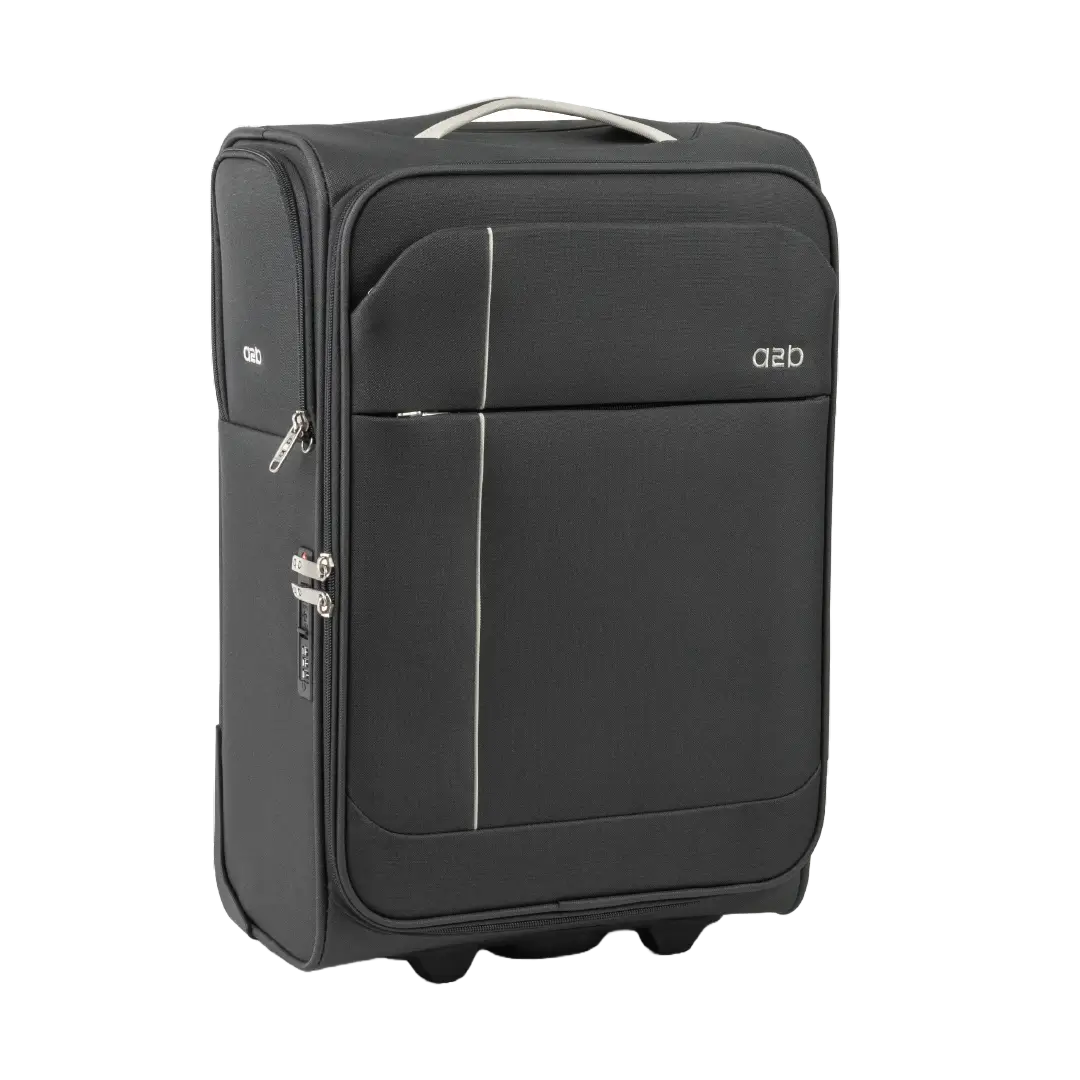 Black suitcase with a visible brand logo on a white background