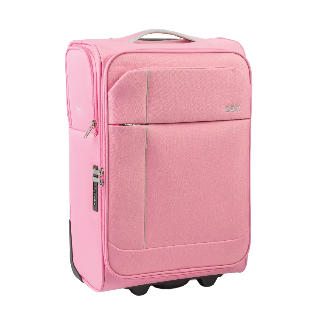 Pink suitcase with wheels on a white background
