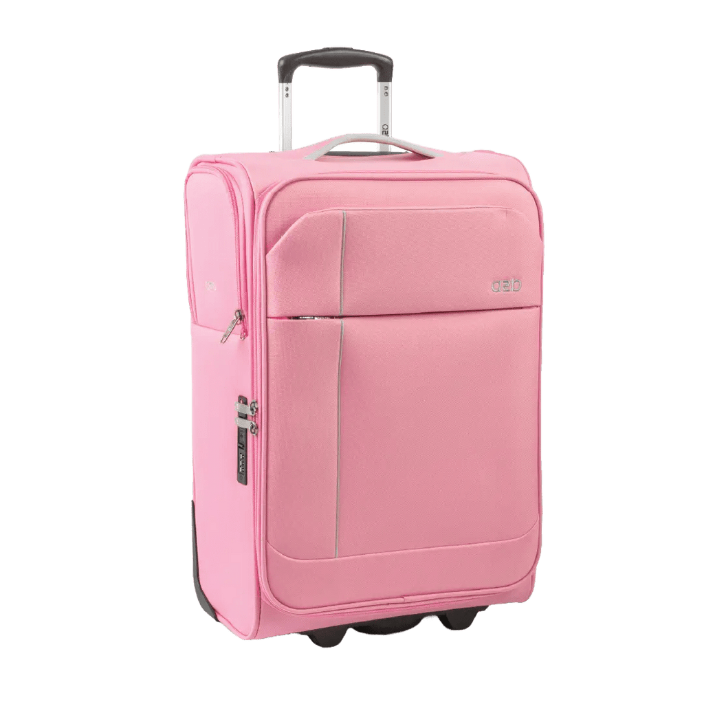 Pink suitcase with a handle on a white background
