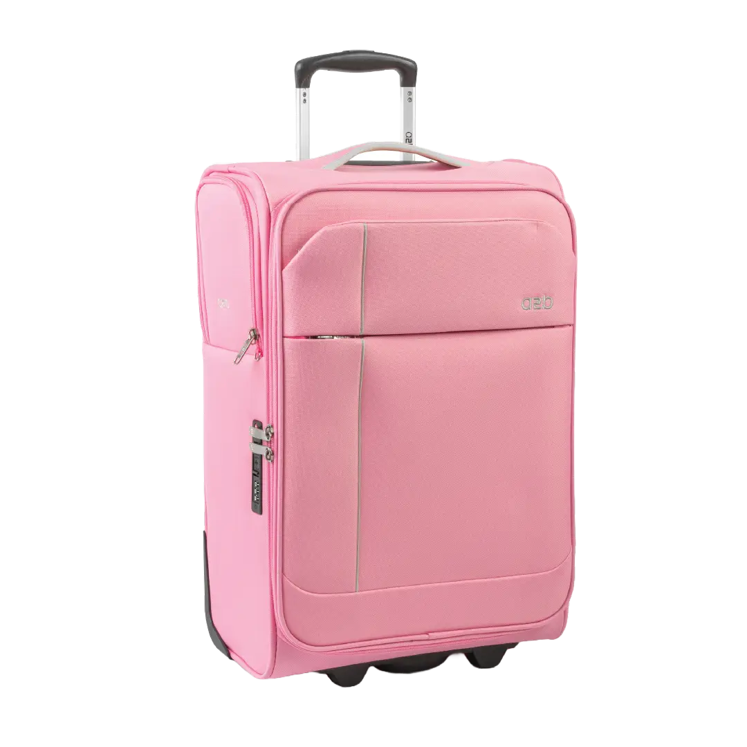 Pink suitcase with a handle on a white background