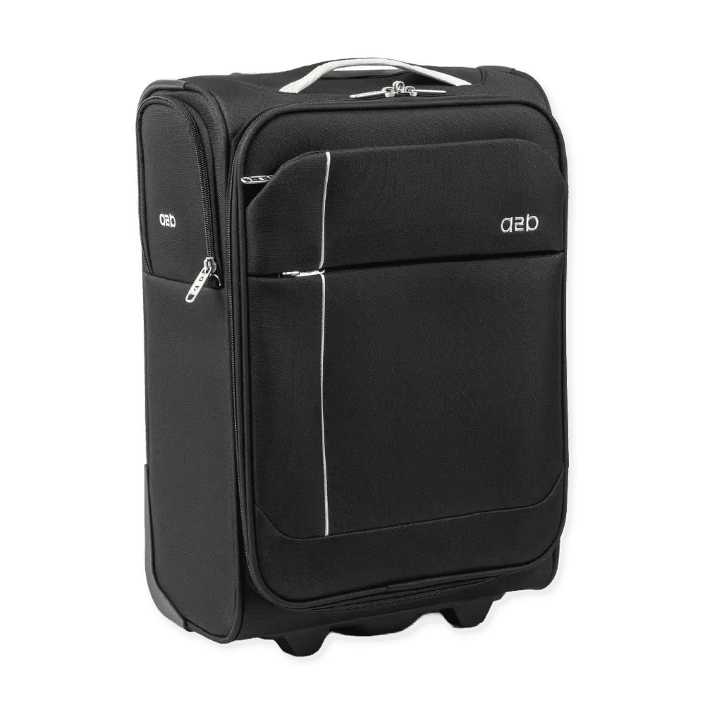 Black suitcase with branding on a white background